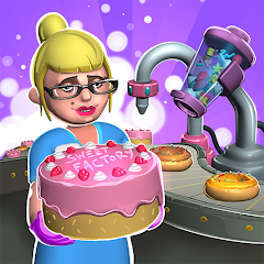 Factory Rush game icon with a cake production line