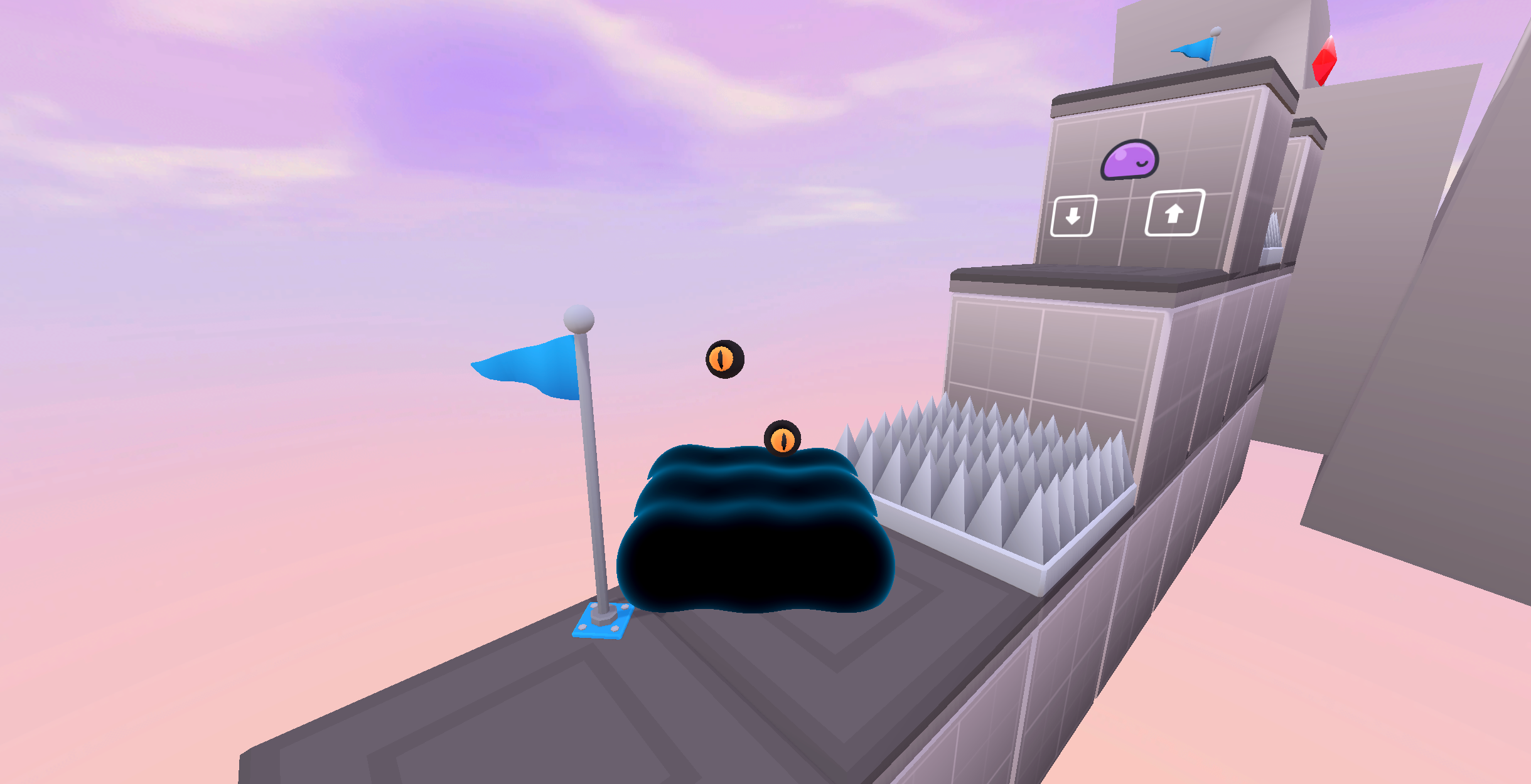 HSIG Godot gameplay with a slime character, hazards, and a finish flag